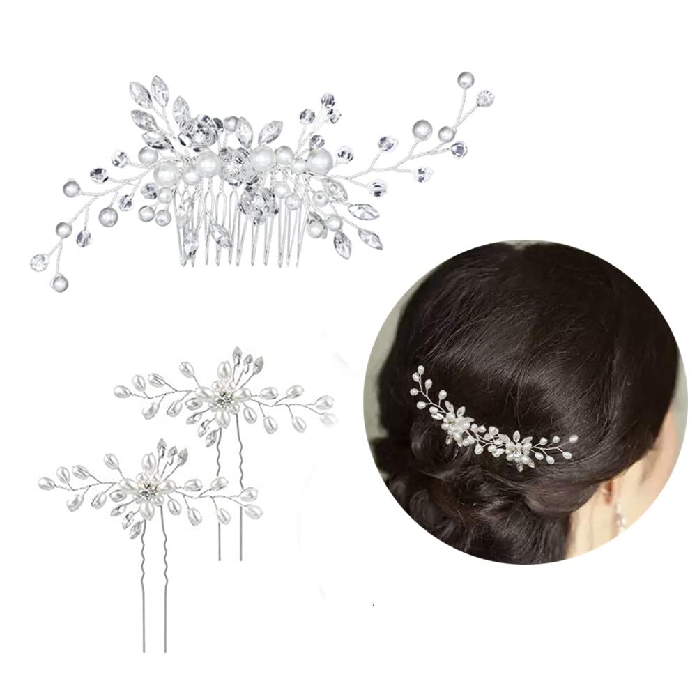Bridal Wedding Hair Comb, 3 Pieces Slides Pearl Hair Clip Crystal Vine Silver Rhinestone Hair Pins Bridal Flower Headpiece for Hair Accessories Women Girl Wedding Party