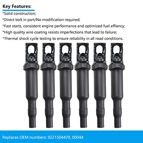 Ignition Coil Pack Set of 6 Replaces OE 0221504470, Compatible with