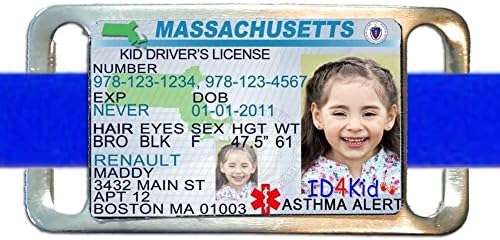 Massachusetts Drivers License Child Kid Photo ID Bracelet Medic Alert Adult BLUE Personalized Boy Girls Safety Lost ID4Kid IDBRACE_MED_BL_MA