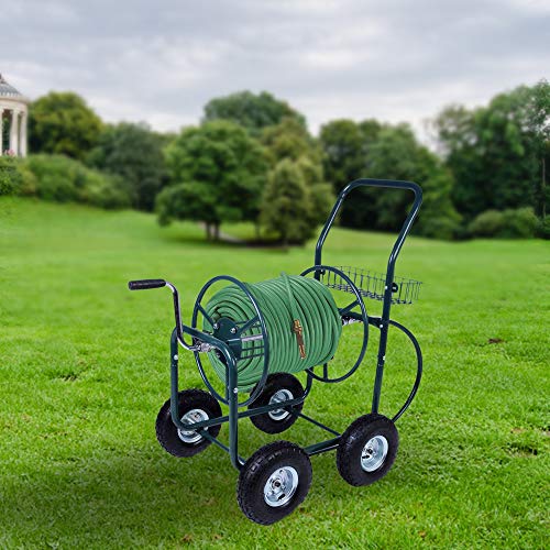 Livebest 4 Wheel Garden Hose Reel Cart Heavy Duty Yard Water Planting with Storage Basket,Holds 390FT Hose
