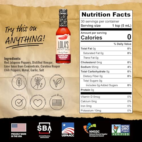 LOLA’S CAROLINA REAPER HOT SAUCE | MADE WITH RED JALAPENOS & CAROLINA REAPER PEPPERS | 0 CALORIES, 0G FAT, LOW SODIUM | ALL-NATURAL, KETO, GLUTEN-FREE | 5 FL OZ (PACK OF 1)