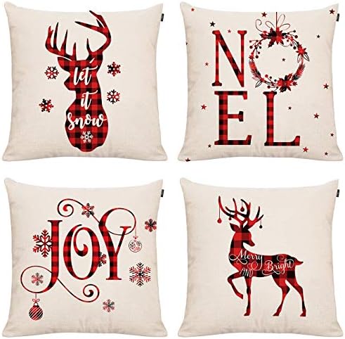 GTEXT 4 Pack Christmas Throw Pillow Cover Holiday Decor Buffalo Check Merry Christmas Deer Joy Noel Pillow Cover Cuhion Cover Case for Couch Sofa Home Decoration Pillows Linen 18 X 18 Inches