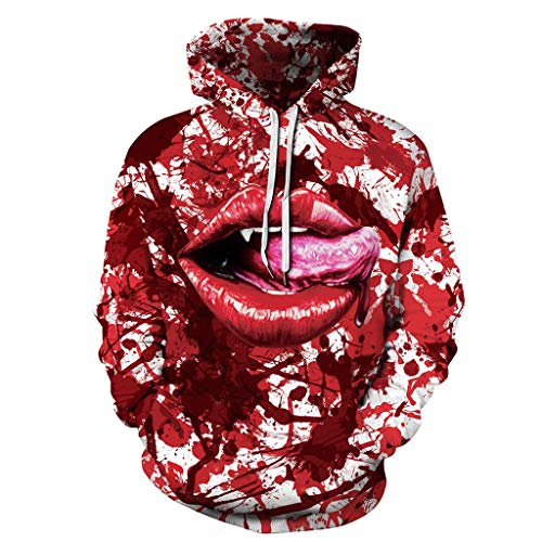 Jessie storee Helloween Hooded Sweatshirt Blood Drops Evil Eyes Red Lips Print Pullover Hoodie Women Men Couples Unisex Horror Clothing Large Size Sweater Loose Baseball Uniform Tide,G, XL
