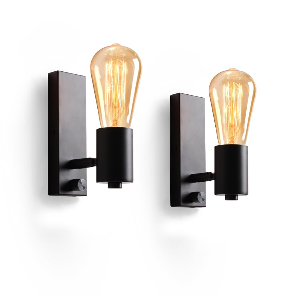 Lampop Black Wall Lights with Switch 2 Pack Dimmable Indoor Wall Light for Bedrooms, Living Room, Kitchen, 90° + 350° Rotatable, E27 Edison Industrial Wall Lamp (Warm White)