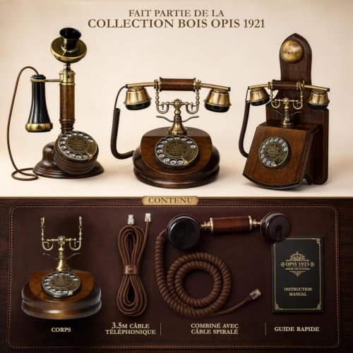 Opis Technology 1921 Cable Model A - Vintage Wooden Fixed Telephone, Wired Retro Telephone with Rotating Dial and Metal Bell (No Bluetooth)