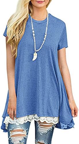 Laucote Casual Blouse Crew Neck Short Sleeve Lace Trim Flowy Tunic Dress For Women XL