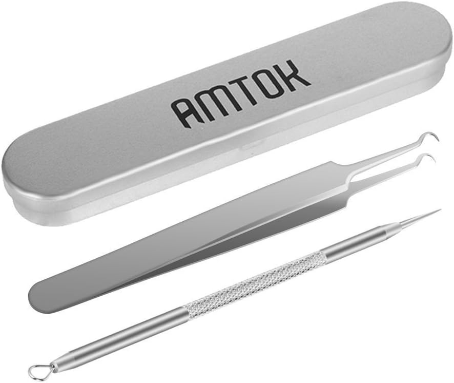 Amtok blackhead remover, blackhead extractor, stainless steel, pimple remover, 5 pieces, pimple extractor (blackhead remover tweezers 2 pieces)