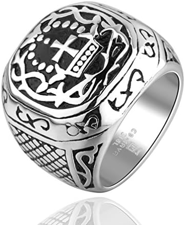Aolomon 316L Stainless Steel Vintage Carved Pattern Cross Crown Silver Punk Rings Size 7