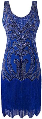 MESISAN Women's 1920s Flapper Dresses V Neck Vintage Gatsby Bead Sequin Fringed Great Gatsby Dress(Blue L)
