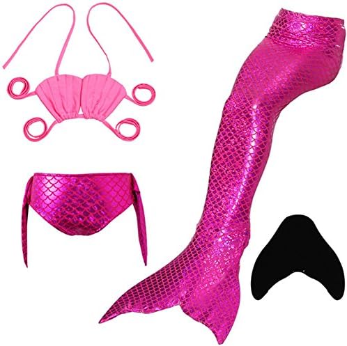 Chenzengdi Kids Girls 4 Pcs Mermaid Tail Swimable with Monofin Bathingsuit (110, Rose Red)