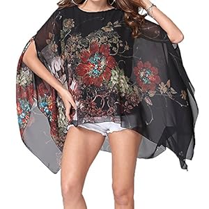 Qunsia Women’s Chiffon Caftan Poncho Tunic Top Cover up Batwing Blouse