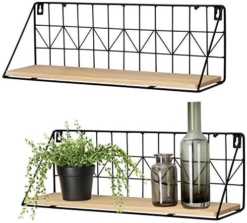 Mkouo Floating Shelves Wall Mounted 2 Pack Rustic Metal Wire Storage Shelves Wooden Display Hanging Racks Home Wall Decor For Living Room Bathroom Kitchen 43cm L X12cm W X 15cm H Amazon Co Uk Kitchen Home