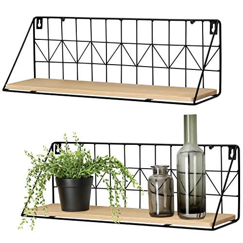 Mkouo Floating Shelves Wall Mounted 2 Pack Rustic Metal Wire Storage Shelves Wooden Display Hanging Racks Home Wall Decor for Living Room Bathroom Kitchen, 43cm(L) x12cm(W) x 15cm(H)