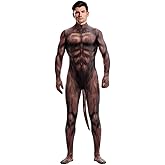 Bemeiren Men's Animal Bodysuit Costume with Big Tail Print Petsuit Spandex Furry Jumpsuit Cosplay Halloween Party