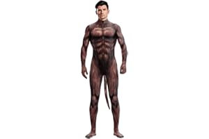 Bemeiren Men's Animal Bodysuit Costume with Big Tail Print Petsuit Spandex Furry Jumpsuit Cosplay Halloween Party
