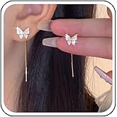 Ximdble Vintage Long Crystal Butterfly Threader Earrings Rhinestone Butterfly Stud Earrings Long Chain Dangle Earrings Gold Bar Drop Earrings for Women