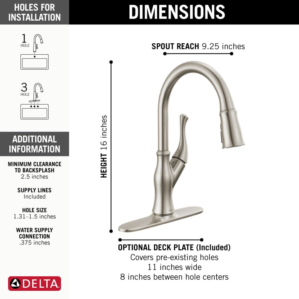 Delta Ophelia Brushed Nickel Kitchen Faucet with Pull Down Sprayer, Modern Single Hole Kitchen Sink Faucet, Single Handle, SpotShield Stainless 19888Z-SP-DST