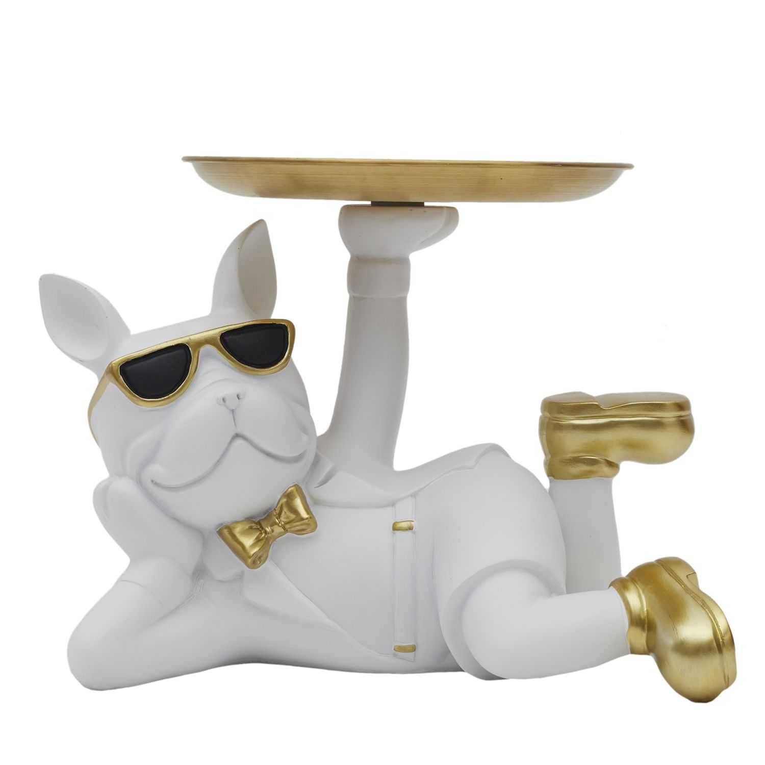 HOME DECO FACTORY, HD0155 Decorative White Bulldog Statue with Empty Resin Pocket, Modern Stylish Design, Functional Key and Accessories, White and Gold, One Size