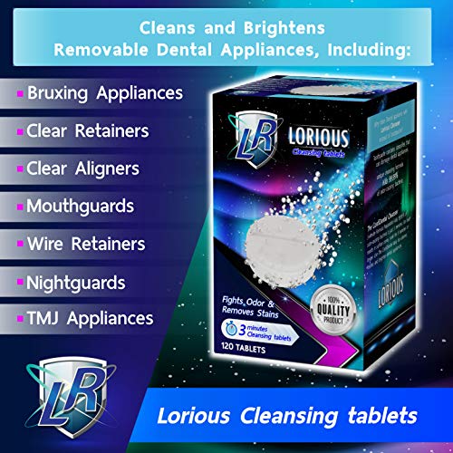 LORIOUS 120 Retainer Cleaner and Denture Cleaner Tablets for 4 Months Supply, Remove Bad Odor, Plaque, Stains from Invisalign, Braces, Aligner, Sport Mouthguard, Dental Night Guard for Grinding Teeth