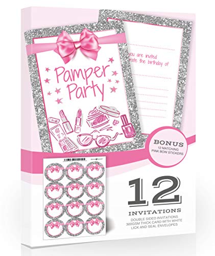 Olivia Samuel Pamper Party Invitations with Stickers - Girl / Teen Birthday Invites - Pink and Photo Effect Silver Glitter Effect - A6 Postcard Size with envelopes (Pack of 12 with Stickers)