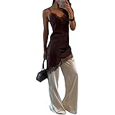 Women Satin Lace Trim Patchwork Cami Tops Y2k Girls Silk Irregular Hem Camisole Midi Shirt Going Out Party Tops