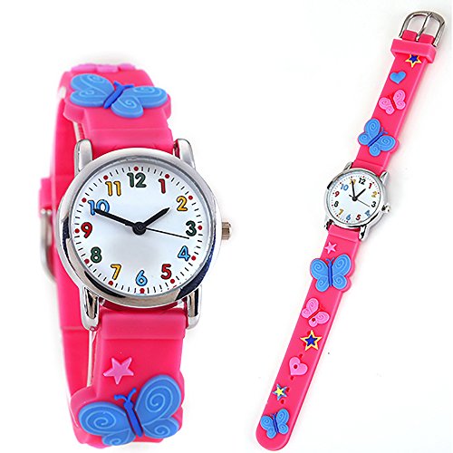 TIDOO Kid's Watch with 3D Cute Cartoon Pattern Silicone Pink Band Children Watch for Little Girls (butterfly-pink)