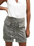 Simplee Apparel Women's Lace up Faux Suede Leather A Line Mini Skirt with Pockets