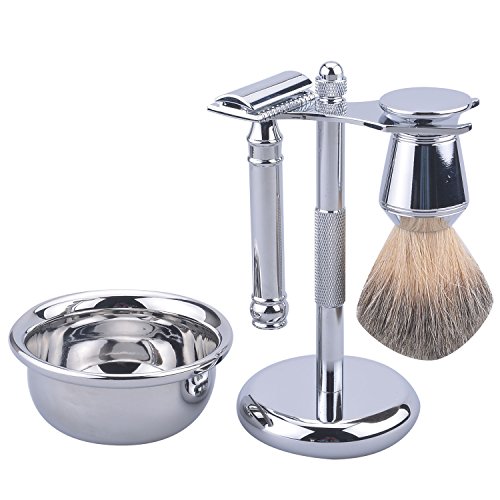 CSB Men's Grooming Shaving Kit Chrome Handle Badger Hair Shaving Brush and Safety Razor Shaving Bowl