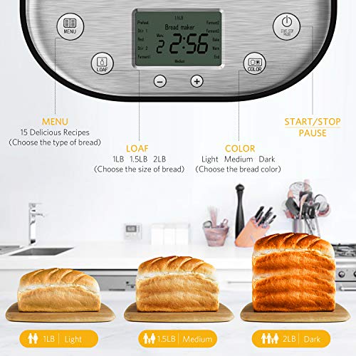 Homever Bread Maker [2018 Upgraded] - Automatic 2LB Bread Machine with Sugar Free Setting, Fully Stainless Stee Bread Maker (15 Programs, 3 Sizes & 3 Colors, 15 Hours Delay Timer, 1 Hour Keep Warm) - Thumbnail 3
