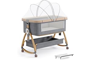 Baby Bassinet, Bedside Bassinet for Baby, 4 in 1 Portable Bedside Sleeper with Wheels Mosquito Net & Storage Basket, 6 Height