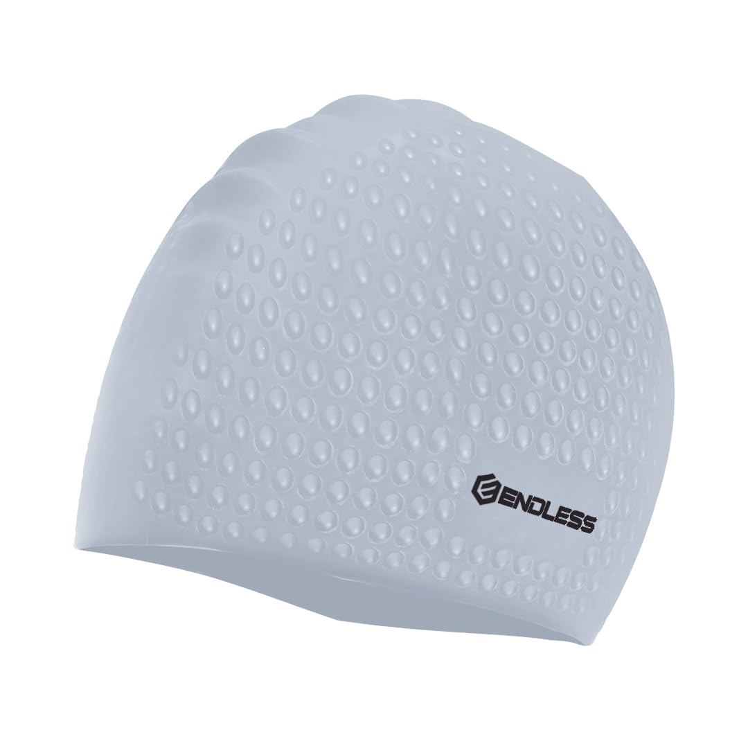 Endless EL1021 Comfortable Silicon Swimming Cap with Bubble Design | Silver | Material : Silicon | Elastic Waterproof Swimming Cap for Long and Short Hair with Thicker Edge | For Adults, Women and Men