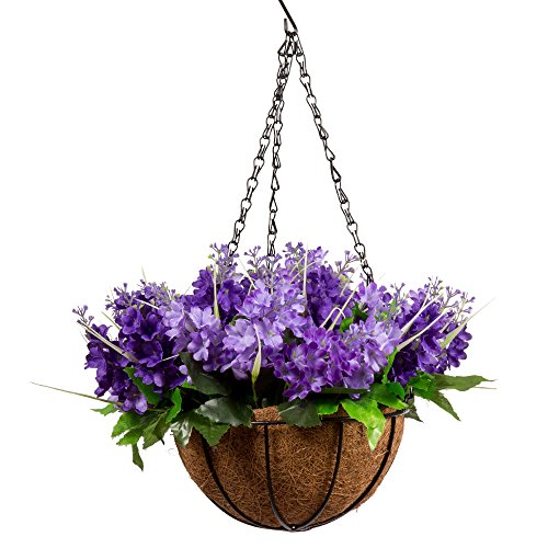 Mixiflor Lavender Artificial Hanging Flowers, Artificial Hanging Planets Silk Flower, Hanging Basket with Chain Flowerpot For Home Outdoor Decoration