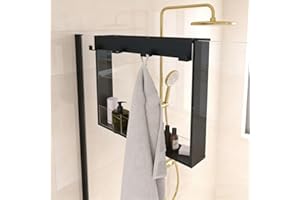 DHUJBFF Hanging Shower Caddy for Glass Door, 20"x16" Stainless Steel Bathroom Shelf with Hooks - Over The Shower Wall Mounted