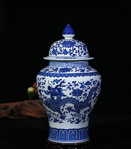 Antique Imposing Ceramic Ginger Jar Home Office Decor Blue and White Porcelain Vase