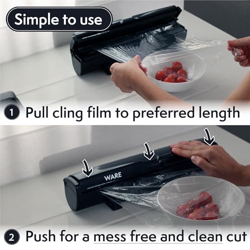 WARE Cling Film Dispenser + 2 Free 50m Rolls l Professional Quality | German-Engineered, PVC-Free l Eco Safe Cutting l Reduces Food and Plastic Waste