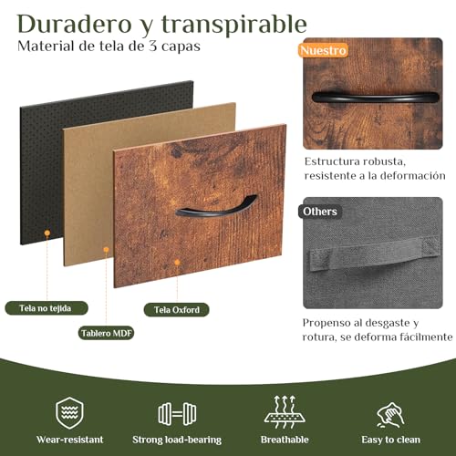 Cómoda Cajonera para Recámara con 4 Cajones de Tela, Parte Superior Impermeable, Estructura Metálica Resistente, Mueble Organizador de Almacenamiento para Dormitorio, Sala o Pasillo(Marrón Rústico)