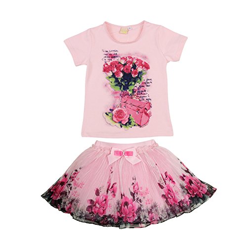 Domeiland Cute Kids Girl Print Floral Short Sleeve Shirts +Tutu Skirts Sets With Bow Clothes