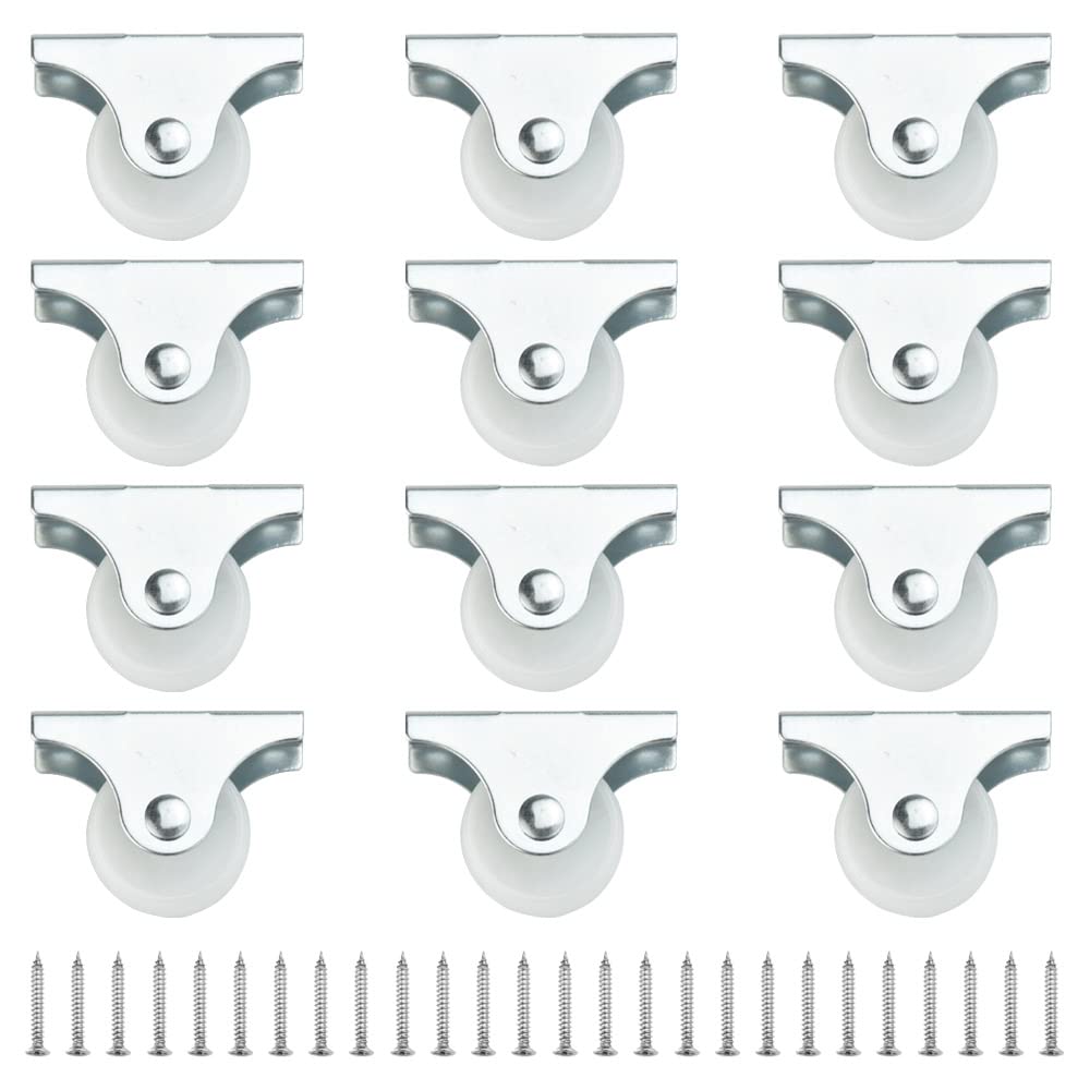 QUCUMER 12 Pcs Fixed Castor Wheels 25mm Small Rubber Castors Non-Swivel Trolley Wheels Plastic Casters Orienteering Drawer Caster for Replacement Furniture