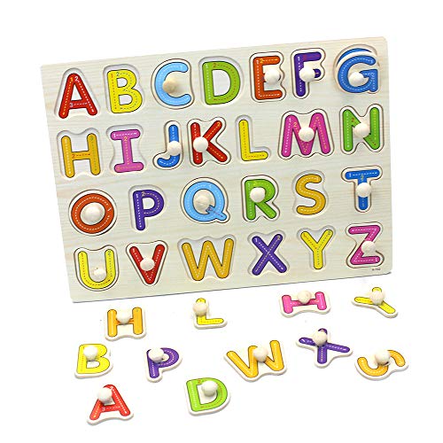 Kids Toddler Puzzles Wooden Peg Puzzles - 3 Piece Puzzle Set - Alphabet, Numbers and Shapes Toy - Perfect pegged Puzzles for Kid Learning Letters, Number, Shape Board Puzzles for Toddler Ages 3+