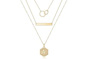 URSILVER Layered Initial Necklaces for Women, 14K Gold Plated Bar Necklace Dainty Layering Hexagon Letter Pendant Necklace Infinity Circles Necklace Gold Layered Necklaces for Women Gold Jewelry Gifts
