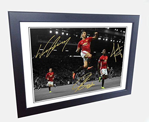 Signed 12x8 Black Soccer Zlatan Ibrahimovic Paul Pogba Wayne Rooney Manchester United Autographed Photo Photograph Football Picture Frame Gift A4