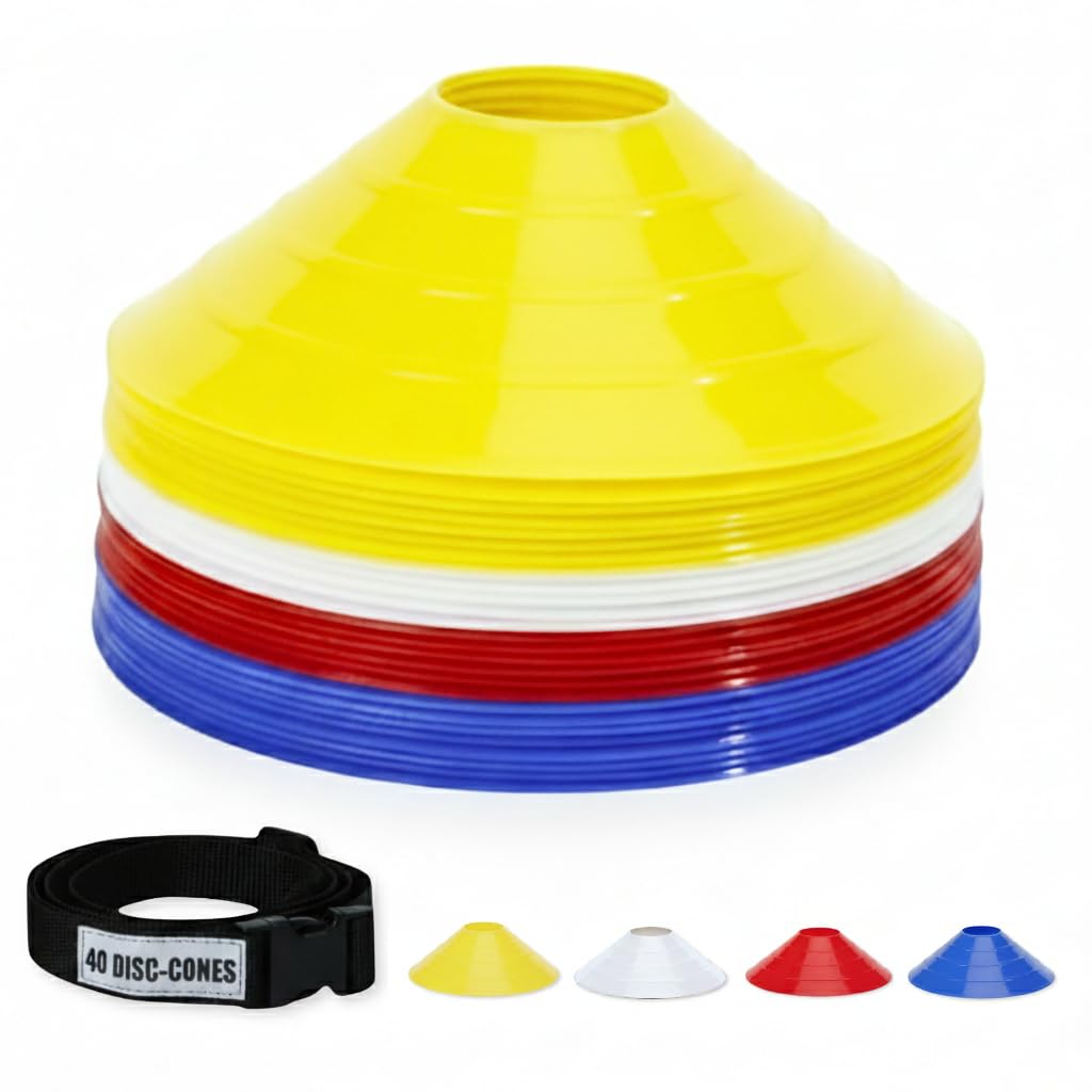 GSi Regular Soccer Cones - 40 Pack | 7Inch Diameter Cones in 4 Colors | Comes with Shoulder Strap | for Agility Training Drills
