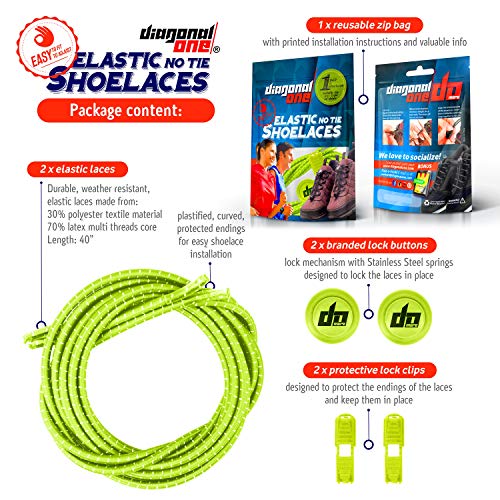 DIAGONAL ONE Elastic Shoe Laces for Men and Women, Compatible with Sneakers, Converse, Trainers, and Casual Footwear - No Tie Shoelaces Suitable for Kids, Adults, Teenagers and Seniors (Green Apple)