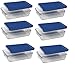Pyrex 3-cup Rectangle Glass Food Storage Set Container Dark Blue Plastic Cover (Pack of 6 Containers)