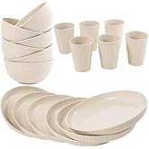 36-Piece Reusable Wheat Straw Dinnerware Sets for 6, Farielyn-X Unbreakable Reusable Set Kitchen Cups, Plates, Bowls Sets &amp; Cultery Dishwasher Microwave Safe - Patio, Outdoors, RV, Camping Dishes