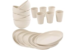 36-Piece Reusable Wheat Straw Dinnerware Sets for 6, Farielyn-X Unbreakable Reusable Set Kitchen Cups, Plates, Bowls Sets & C