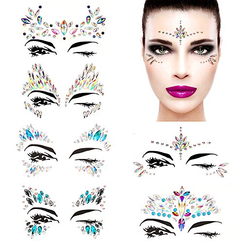 Bling 6 Sets Self-adhesive Mermaid Face Gems Stickers, Rave Festival Face Jewels Crystal Rhinestone Temporary Tattoo Stickers DIY Crafts Gem for Body, Makeup, Festival, Carnival