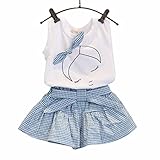 FEITONG Kids Girls Cute Bow Girl Pattern Shirt Top Grid Shorts Set Clothing (Age:5-6Y)