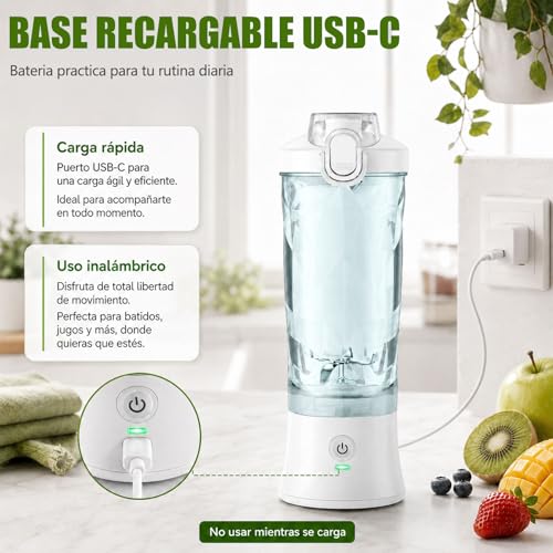 Licuadora Portatil, Licuadora con Bloqueo de Seguridad, 600 ml Licuadora Personal Recargable Adecuada, Blender Adecuada para Viajes y Fitness con Tapa Antiderrames (Blanco)