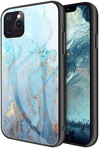 iPhone 11 Pro Max Case,Marble Texture Tempered Glass Smooth Scratch-Proof Protective Back Cover + TPU Soft Anti-Collision Bumper for iPhone 11 Pro Max 6.5''(Blue)